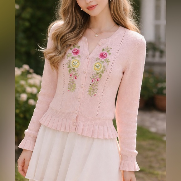 Vintage Sweaters - Vintage 90s Cottagecore Hand Embroidered Pink Knit Cardigan Sweater size SP